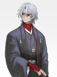 Rule 34 | 1boy, antonio salieri (fate), antonio salieri (over the same sky) (fate), bridal gauntlets, closed mouth, fate/grand order, fate (series), folded fan, folding fan, grey hair, grey kimono, hair between eyes, half updo, hand fan, highres, holding, holding fan, japanese clothes, kimono, long sleeves, looking afar, looking to the side, male focus, medallion, medium hair, red eyes, red shirt, ringed eyes, shirt, simple background, smile, solo, takustorage, turtleneck, undershirt, white background, wide sleeves