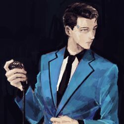 1boy arm_up black_background blue_suit brown_eyes brown_hair closed_mouth collared_shirt commentary_request connor_(detroit) detroit:_become_human formal_clothes holding holding_microphone jacket lapels layered_sleeves looking_to_the_side male_focus mi_(scissortropical) microphone necktie shirt short_hair simple_background solo suit suit_jacket white_shirt