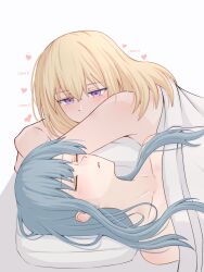 2girls absurdres bang_dream! bang_dream!_it&#039;s_mygo!!!!! blonde_hair blue_hair blush closed_eyes commentary english_text firman_acker hashtag-only_commentary heart highres long_hair looking_at_another medium_hair misumi_uika multiple_girls nude parted_lips pillow purple_eyes sleeping togawa_sakiko under_covers yuri