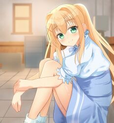 1girl blonde_hair blue_bow blue_bowtie blue_skirt blush bow bowtie closed_mouth commentary eyelashes eyes_visible_through_hair feet_out_of_frame from_side green_eyes hair_between_eyes hair_intakes hair_ornament happy high-waist_skirt highres hugging_own_legs indoors knees_up long_hair looking_at_viewer puffy_short_sleeves puffy_sleeves shirt short_sleeves sidelocks sitting skirt smile solo split_mouth summer_pockets tile_floor tiles tsumugi_wenders twintails wada_(fzwprhf3aj45658) white_shirt x_hair_ornament
