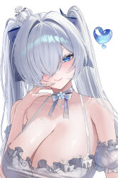1girl blue_eyes cinderella_(glass_princess)_(nikke) cinderella_(nikke) dress goddess_of_victory:_nikke grey_hair hair_over_one_eye heart highres meraring one_eye_covered ringed_eyes silver_nails smile solo twintails upper_body