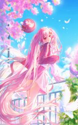1girl absurdres bare_legs bird blue_sky blush bow cherry_blossoms cloud commentary_request day double-parted_bangs dove feathers flower food-themed_hair_ornament from_below hair_bow hair_flower hair_ornament hatsune_miku highres long_hair looking_at_viewer looking_back open_mouth outdoors pink_eyes pink_flower pink_hair pink_skirt sakura_miku sakura_miku_(rella) skirt sky sleeves_past_fingers sleeves_past_wrists solo standing theazureciel twintails very_long_hair vocaloid
