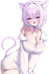 1girl animal_ears blush breasts cat_ears cat_girl cat_tail cleavage highres hololive large_breasts long_sleeves looking_at_viewer metaljelly nekomata_okayu open_mouth purple_eyes purple_hair shirt simple_background solo tail virtual_youtuber white_background white_shirt