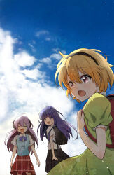 3girls absurdres bag black_hairband black_skirt blonde_hair blue_bow blue_hair blue_sky blunt_bangs blush bow child closed_eyes cloud commentary_request dress furude_rika green_dress hairband hanyuu highres higurashi_no_naku_koro_ni horns houjou_satoko long_hair looking_back multiple_girls open_mouth plaid_clothes plaid_skirt purple_eyes purple_hair red_skirt sailor_dress school_bag school_uniform shirt short_hair shosudo skirt sky smile suspender_skirt suspenders white_shirt