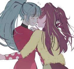 2girls :d ^_^ amazingpuffhair aria_blaze aria_blaze_(human) bandana bandana_around_neck black_hair blue_hair bodysuit closed_eyes colored_skin commentary cowboy_shot face-to-face facing_another fingernails from_behind fur_jacket green_hair green_jacket grey_skin grin hair_tie hand_up high_ponytail highres jacket layered_sleeves long_hair long_sleeves multicolored_hair multiple_girls my_little_pony my_little_pony:_equestria_girls my_little_pony:_friendship_is_magic nail_polish official_alternate_costume open_mouth pink_bodysuit pink_shirt pink_skin polka_dot polka_dot_shirt ponytail purple_bandana purple_hair shirt simple_background smile sonata_dusk sonata_dusk_(human) standing streaked_hair symbol-only_commentary three-quarter_sleeves twintails two-tone_hair two-tone_shirt very_long_hair white_background white_shirt yuri