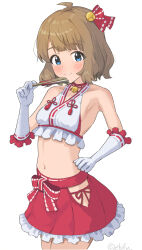 1girl ahoge bare_shoulders bikini blue_eyes bow breasts brown_hair closed_mouth concept_maihime_(idolmaster) cowboy_shot ebifu elbow_gloves frilled_gloves frilled_shirt frilled_skirt frills gloves hair_ribbon halter_shirt halterneck hand_up highres hip_vent idolmaster idolmaster_million_live! idolmaster_million_live!_theater_days looking_at_viewer midriff navel nontraditional_miko red_ribbon red_skirt ribbon ribbon-trimmed_gloves ribbon-trimmed_shirt ribbon_trim shirt short_hair side-tie_bikini_bottom simple_background skirt sleeveless sleeveless_shirt small_breasts smile solo standing suou_momoko swimsuit twitter_username waist_bow white_background white_gloves