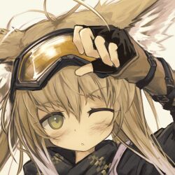 1girl animal_ears arknights cropped dirty dirty_face fingerless_gloves fox_ears fox_girl gloves goggles goggles_on_head highres lit_ter official_alternate_costume one_eye_closed solo suzuran_(arknights) suzuran_(lostlands_flowering)_(arknights)