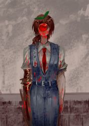 1boy absurdres apple arms_at_sides arthropod_limbs belt belt_buckle black_belt black_pants black_vest blood blood_on_clothes blood_on_hands blood_splatter brick_wall brown_hair buckle collared_shirt commentary english_commentary facing_viewer fine_art_parody food fruit gregor_(project_moon) highres id_card leaf limbus_company long_hair low_ponytail male_focus necktie pants parody ponytail project_moon qiujia red_necktie shirt sleeves_rolled_up solo standing the_son_of_man_(magritte) vest white_shirt wing_collar