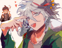 !? 2boys ahoge black_jacket black_suit brown_hair chain chain_leash chinese_commentary clenched_teeth collarbone collared_jacket commentary_request cuffs danganronpa_(series) danganronpa_2:_goodbye_despair danganronpa_3_(anime) dot_nose downturned_eyes eyes_visible_through_hair feet_out_of_frame fingernails formal_clothes green_eyes green_jacket grey_hair grey_shirt hair_between_eyes hand_on_own_head hat hat_ribbon heart heichiyo highres hinata_hajime hood hood_down hooded_jacket hope&#039;s_peak_academy_school_uniform jacket komaeda_nagito lapels leash light_blush long_hair long_sleeves looking_at_object male_focus messy_hair multiple_boys notched_lapels notice_lines open_clothes open_jacket open_mouth party_hat pink_ribbon ribbon school_uniform shackles shirt short_hair simple_background smile spiked_hair suit teeth towel towel_around_neck upper_body upper_teeth_only white_background white_hat yaoi