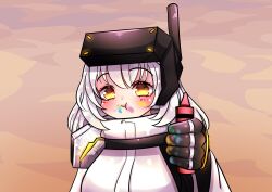 1girl blush chokilicious cloak crayon dirty dirty_face eating_crayons goddess_of_victory:_nikke head-mounted_display here_i_saved_u_the_red_one_(meme) highres holding holding_crayon incoming_gift incoming_object mechanical_arms meme paint_on_fingers paint_splatter paint_splatter_on_face single_mechanical_arm snow_white_(nikke) visor_(armor) visor_lift white_cloak