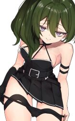 1girl arm_strap bare_shoulders belt black_belt black_dress black_gloves black_panties breasts c: cleavage closed_mouth collarbone commentary cowboy_shot dress eyelashes gloves gluteal_fold green_hair hair_between_eyes half-closed_eyes hanakonenne highres jitome leaning_forward lifting_own_clothes long_hair looking_at_viewer medium_breasts naughty_face panties panty_pull pleated_dress purple_eyes sanpaku short_dress side_ponytail simple_background single_glove sleeveless sleeveless_dress smile solo sousou_no_frieren standing thigh_strap ubel_(sousou_no_frieren) underwear undressing white_background