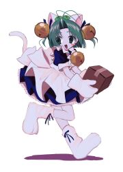 :d animal_ears animal_hands animal_hat bell box cat_ears cat_hat cat_tail dejiko di_gi_charat gloves green_eyes green_hair hair_bell hair_ornament hat highres holding holding_box jingle_bell maid mittens open_mouth paw_gloves paw_shoes pepeppepe101 smile tail white_background white_mittens