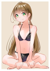 1girl barefoot bikini black_bikini brown_background brown_hair collarbone commentary full_body green_eyes halterneck hands_on_own_leg indian_style long_hair mixed-language_commentary original simple_background sitting smile solo swimsuit twintails yamanaka_kouji_(yanchiki2001)