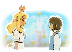 1girl 1other animal_ears antlers black_eyes blonde_hair blue_sky blurry blurry_background brown_hair bug butterfly closed_mouth commentary covered_eyes deer_antlers deer_ears deer_girl deer_tail deltarune dress english_commentary eye_contact face-to-face fountain freckles from_side highres horns insect kitsypark kris_(deltarune) long_hair long_sleeves looking_at_another messy_hair noelle_holiday open_mouth profile reindeer_girl shaded_face shirt short_sleeves sky smile sunlight tail vest white_dress white_shirt