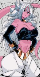 1girl ahoge android_21 bandeau blue_eyes bracelet breasts cleavage collarbone colored_skin detached_sleeves dragon_ball dragon_ball_fighterz hands_on_own_hips highres jewelry kinakomochi_(user_vedc2333) large_breasts long_hair looking_at_viewer majin_android_21 navel neck_ring pants pink_skin tail very_long_hair white_hair white_pants