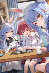 3girls :d animal_ears black_bodysuit black_pantyhose blue_hair bodysuit bow braid braided_ponytail clothing_cutout collared_shirt commentary_request couch cup detached_sleeves dress dress_shirt extra_ears fang grey_skirt hair_bow hair_over_shoulder hair_ribbon heterochromia highres hikimayu holding holding_cup hololive houshou_marine indoors jewelry long_hair looking_at_object looking_at_viewer milk miniskirt multicolored_hair multiple_girls necklace on_chair on_couch open_mouth orange_eyes pantyhose pekomama photo_album rabbit-shaped_pupils rabbit_ears rabbit_girl red_eyes red_hair red_ribbon ribbon school_uniform shirt short_eyebrows shoulder_cutout sidelocks sitting skirt sleeves_rolled_up smile summer_tail720 swept_bangs symbol-shaped_pupils tea teeth thick_eyebrows twin_braids twintails two-tone_hair usada_pekora virtual_youtuber white_bow white_dress white_hair white_shirt yellow_eyes