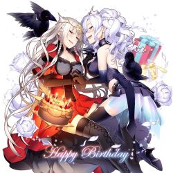 2girls :d animal anniversary bare_shoulders bird black_flower black_gloves black_rose blush boots bouquet braid breasts cake candy cape capelet cat chocolate cleavage closed_eyes confetti copyright_name cross crow crown cup dove dress eagle earrings elbow_gloves english_text feathers flower food frills fruit full_body gift giuniu gloves hair_between_eyes hair_ornament hairband happy_birthday headpiece heart high_heel_boots high_heels holding_hands jewelry large_breasts long_hair looking_at_another medium_breasts morigan_raven multiple_girls non-web_source one_eye_closed open_mouth owl petals pleated_skirt pointy_ears ponytail profile purple_eyes queen_mary_(uchihime) red_cape red_dress red_eyes ribbon rose siblings sidelocks simple_background skirt smile strapless strapless_dress thigh_boots thighhighs tiara twintails uchi_no_hime-sama_ga_ichiban_kawaii very_long_hair white_background white_flower white_hair white_rose yellow_eyes yuri zettai_ryouiki