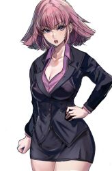 Rule 34 | 1girl, arasa ol haman-sama, blue eyes, breasts, business suit, formal clothes, gundam, haman karn, highres, huo ji wu, looking at viewer, medium breasts, no legwear, office lady, open mouth, pencil skirt, pink hair, short hair, simple background, skirt, skirt suit, smile, solo, suit, zeta gundam