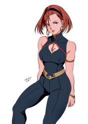Rule 34 | 1girl, annqi, armlet, blue eyeshadow, bracelet, breasts, cleavage cutout, clothing cutout, commentary request, dated, earrings, eyeshadow, gundam, gundam gquuuuuux, hairband, highres, hoop earrings, jacket, jewelry, looking at viewer, makeup, medium breasts, on chair, orange hair, pants, parted lips, pgmajimaji, purple eyes, shirt, shoes, short hair, signature, simple background, solo, white background, yasuhiko yoshikazu (style)