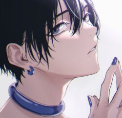Rule 34 | 1boy, black hair, blue choker, blue nails, choker, commentary, earrings, from side, grey eyes, hair between eyes, highres, jewelry, looking at viewer, male focus, mole, mole under eye, mole under mouth, moxamog, nail polish, original, own hands together, parted lips, portrait, see-through choker, short hair, simple background, solo, symbol-only commentary, white background