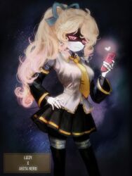 absurdres akita_neru akita_neru_(cosplay) android blonde_hair cosplay detached_sleeves hair_ribbon hairband high_ponytail highres holding idk_butterfly lizzy_(murder_drones) long_hair murder_drones necktie phone ponytail ribbon robot shirt simple_background skirt smile very_long_hair vocaloid yellow_necktie