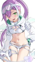 1girl absurdres badao blush breasts demon_girl demon_tail demon_wings fang gloves goggles goggles_on_head green_eyes green_gloves hand_on_own_hip heart heart_tattoo highres hip_tattoo hololive long_hair looking_at_viewer navel official_alternate_costume one_eye_closed ponytail purple_gloves purple_hair short_shorts shorts shrug_(clothing) small_breasts solo tail tattoo tokoyami_towa tokoyami_towa_(cyberpunk) two-sided_gloves virtual_youtuber white_gloves white_shorts white_shrug winged_heart_tattoo wings