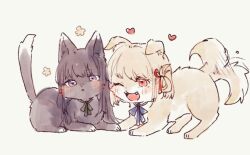 animalization baby_animal blush cat dog fang heart highres inoue_takina kitten lycoris_recoil mofu_ra nishikigi_chisato no_humans one_eye_closed open_mouth puppy purple_eyes red_eyes ribbon simple_background smile tail tail_wagging white_background yuri