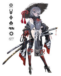 1girl belt black_thighhighs blue_eyes boots breasts commentary_request covered_navel full_body grey_hair hair_between_eyes hair_ornament hand_on_own_hip hat high_heels highres katana leotard long_hair looking_at_viewer off_shoulder original revision rice_hat sheath sheathed simple_background solo swav sword thighhighs weapon white_background