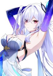 Rule 34 | 1girl, arm behind head, armpits, arms up, bare shoulders, breasts, cleavage, closed mouth, commentary, crossed bangs, diamond-shaped pupils, diamond (shape), dress, expressionless, genshin impact, hair between eyes, hair intakes, hair lift, hgpr2747, highres, large breasts, long hair, looking at viewer, prosthesis, prosthetic arm, red eyes, short dress, simple background, skirk (genshin impact), solo, symbol-shaped pupils, upper body, very long hair, white background, white dress, white hair