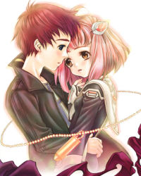 00s 1boy 1girl blue_eyes couple gaignun_kukai_jr. hetero hug jacket jewelry jr. momo_mizrahi necklace pink_hair red_hair ukita_tougo xenosaga yellow_eyes