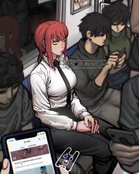 1girl ayaki_blade black_necktie black_pants braid braided_ponytail breasts cellphone chainsaw_man collared_shirt formal_clothes from_above high-waist_pants highres holding holding_phone makima_(chainsaw_man) mixed-language_commentary necktie office_lady own_hands_together pants phone red_hair ringed_eyes shirt shirt_tucked_in sidelocks single_braid sitting smartphone solo_focus suit train twitter_username yellow_eyes