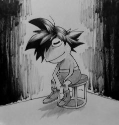 1boy artist_request ashita_no_joe boots boxing boxing_shorts closed_eyes dragon_ball full_body kermit_the_frog monochrome muppets parody short_hair shorts sitting smile solo son_goku spiked_hair what yabuki_joe yabuki_jou