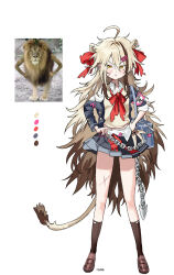 1girl absurdres ahoge animal_ears armband bag blonde_hair blue_bag bow brown_hair brown_socks chain ear_piercing extra_ears gradient_hair grey_jacket grey_skirt hair_bow hand_on_own_hip haze_(ohw8g) highres jacket lion_ears lion_girl lion_tail loafers mane messy_hair multicolored_hair neckerchief original parted_bangs photo-referenced piercing pleated_skirt red_neckerchief scar scar_on_face scar_on_leg school_uniform shoes shoulder_bag sidelocks skirt socks solo streaked_hair tail torn_clothes two-tone_hair white_background yellow_eyes