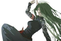 Rule 34 | 1girl, arknights, black shirt, black skirt, from side, green hair, highres, horns, hoshiguma (arknights), long bangs, long hair, mask, oni mask, parted lips, qtian, shaded face, shirt, sidelocks, single horn, skirt, solo, yellow eyes