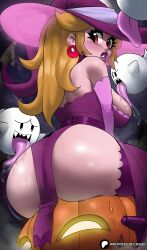 1girl absurdres alternate_costume alternate_eye_color ass blonde_hair boo_(mario) breasts commentary dress earrings echo_saber elbow_gloves english_commentary gloves hat highres jewelry large_breasts licking licking_breast long_hair looking_at_viewer mario_(series) nintendo parted_lips princess_peach purple_dress purple_gloves purple_headwear purple_lips red_eyes sitting strapless strapless_dress super_mario_bros._1 thick_thighs thighs tongue tongue_out witch_hat