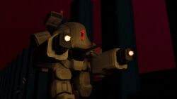 3d animated animated_gif blender_(medium) casing_ejection firing glowing glowing_eyes gun looping_animation machine_gun mecha mecha_focus no_humans pillar red_sky robot shell_casing sky the_citadel walking weapon