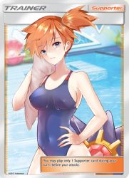 1girl adapted_costume armpits asymmetrical_hair bare_legs bikini blue_eyes breasts competition_swimsuit covered_navel cowboy_shot eyelashes gen_1_pokemon gym_leader hair_tie large_breasts legs misty_(pokemon) navel nintendo nipples one-piece_swimsuit orange_hair platinette pokemon pokemon_lgpe ponytail red_hair shiny_skin shirt short_hair shorts side_ponytail solo starmie swimsuit thighs water wide_hips
