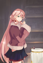 Rule 34 | 1girl, akashi (kancolle), blue skirt, brown coat, coat, cowboy shot, female focus, from side, fur-trimmed coat, fur trim, green eyes, hair ribbon, hip vent, kantai collection, long hair, looking at viewer, pink hair, pleated skirt, ribbon, skirt, solo, tress ribbon, very long hair, yamaioni (sasakama)