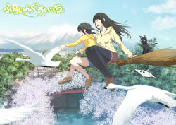 2girls absurdres anime_coloring bird black_hair broom broom_riding cherry_blossoms chito_(flying_witch) copyright_name day esw_artca flying flying_witch highres hood hoodie kowata_makoto kuramoto_chinatsu landscape mandrake multiple_girls outdoors swan tree