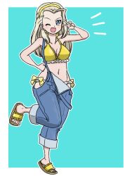 1girl asymmetrical_bangs bikini blonde_hair blue_background blue_eyes blush breasts clara_(girls_und_panzer) collarbone denim_overalls flip-flops frilled_bikini frills girls_und_panzer hairband hand_on_own_hip large_breasts long_hair navel one_eye_closed open_mouth pants ribbon sandals shoes side-tie_bikini_bottom simple_background smile standing standing_on_one_leg strap_slip swimsuit takahashi_kurage v yellow_bikini yellow_hairband yellow_ribbon yellow_shoes