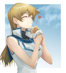 Rule 34 | 1girl, black sweater, blonde hair, blue bow, blue sailor collar, border, bow, breasts, burger, closed eyes, closed mouth, duel academy uniform (yu-gi-oh! gx), food, hair between eyes, holding, holding food, jacket, long hair, medium breasts, outside border, revision, rourou ill, sailor collar, sleeveless, sleeveless jacket, solo, sweater, tenjouin asuka, turtleneck, turtleneck sweater, upper body, very long hair, vest, white border, white jacket, yu-gi-oh!, yu-gi-oh! gx