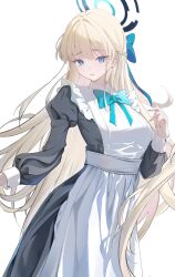 1girl 1nstill absurdres apron black_dress blonde_hair blue_archive blue_bow blue_eyes bow braid closed_mouth dress earrings hair_bow halo highres jewelry long_hair looking_at_viewer maid maid_apron official_alternate_hairstyle solo stud_earrings toki_(blue_archive) white_apron