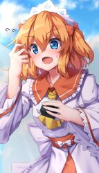 1girl ascot blue_eyes blush bow commentary_request commission cowboy_shot day fairy_wings fang flying_sweatdrops food food_on_face frilled_shirt_collar frills hair_between_eyes hair_bow hand_up headdress highres holding holding_food long_sleeves medium_hair onigiri open_mouth orange_hair outdoors red_bow rice rice_on_face shirt skin_fang skirt solo sunny_milk touhou two_side_up white_shirt white_skirt wide_sleeves wings yellow_ascot yosshy