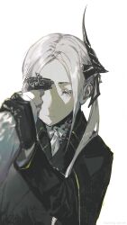 1girl absurdres black_gloves black_horns black_jacket bright_pupils gloves grabbing_another&#039;s_arm grey_eyes gun gun_to_head highres holding holding_gun holding_weapon horns jacket long_hair looking_at_viewer original pov simple_background single_horn solo_focus sorrowny upper_body weapon white_background white_hair white_pupils white_sleeves