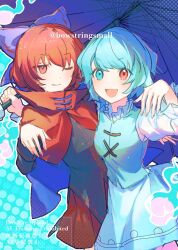 2girls black_shirt blue_eyes blue_hair blue_skirt blue_vest blush bow cloak closed_mouth commentary_request hair_bow heterochromia long_sleeves looking_at_viewer multiple_girls oito_(bowstringsmall) one_eye_closed open_mouth purple_umbrella red_cloak red_eyes red_hair red_skirt sekibanki shirt short_hair skirt smile tatara_kogasa touhou twitter_username umbrella vest watermark