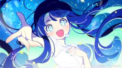 aqua_hair aqua_nails bare_arms bare_shoulders blue_eyes blue_hair blue_theme check_copyright chueog colored_inner_hair commentary copyright_request dot_nose dress english_commentary eyelashes floating_hair hand_on_own_chest happy head_tilt headset highres idol jewelry light_blush light_particles long_hair meteor_shower multicolored_hair nail_polish necklace night night_sky offering_hand open_mouth original outstretched_hand pale_skin sky sleeveless sleeveless_dress smile sparkling_eyes star_(sky) star_(symbol) star_necklace starry_sky tareme teeth two-tone_hair upper_teeth_only very_long_hair white_dress