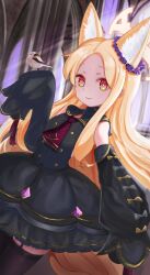 1girl absurdres animal_ear_fluff bird black_dress blonde_hair blue_archive bright_pupils cowboy_shot detached_sleeves dress halo highres long_hair looking_at_viewer nameless0821 orange_halo parted_lips red_eyes seia_(blue_archive) sleeves_past_fingers sleeves_past_wrists solo white_pupils