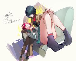 aasm2008 amate_yuzuriha aqua_eyes aqua_shirt aqua_skirt black_hair blue_eyes blush blush_stickers bob_cut breasts closed_mouth collared_shirt couch gundam gundam_gquuuuuux highres holding jacket long_sleeves necktie on_couch pants red_hair school_uniform shiiko_sugai shirt short_hair skirt smile socks sweater turtleneck white_background