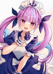 1girl :d ahoge anchor blue_bow blue_dress blue_hair blue_ribbon blush bow braid brown_background commentary_request dress gradient_background grey_background hair_ribbon highres hololive looking_at_viewer maid_headdress minato_aqua minato_aqua_(1st_costume) multicolored_hair open_mouth pink_hair puffy_short_sleeves puffy_sleeves purple_eyes ribbon rino_cnc short_sleeves smile solo twintails two-tone_hair virtual_youtuber white_bow wrist_cuffs