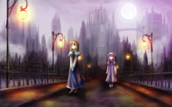 Rule 34 | 2girls, aihashi i, alice margatroid, bad id, bad pixiv id, blonde hair, bridge, capelet, crescent, dress, hat, hat ornament, lamp, makai (touhou), moon, multiple girls, patchouli knowledge, purple hair, scenery, shanghai doll, touhou, walking